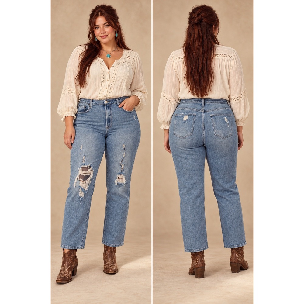 Boho Western Grunge Risen Light Wash Distressed HighRise Straight Leg 2XL Jeans